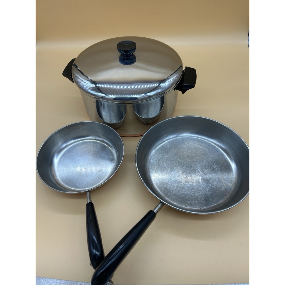 Revere Ware 1801 Copper Bottom Lot 6 Qt Stock Pot + 7" & 9" Skillets USA